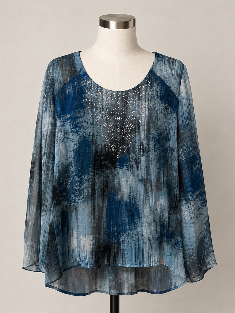 ONE WORLD Blue Patterned Scoop Neck Tunic with Stud Accents